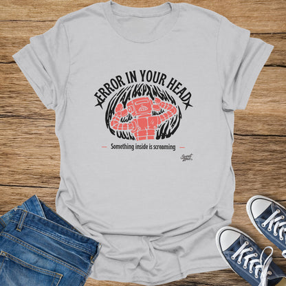 Light grey t-shirt with pink robot graphic and text "Error in your head".