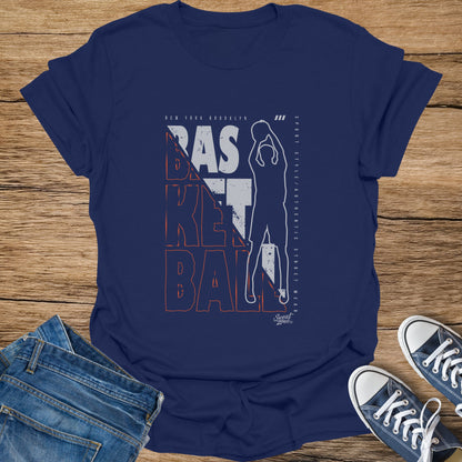 Navy t-shirt with "BASKET BALL" graphic and a basketball player silhouette.