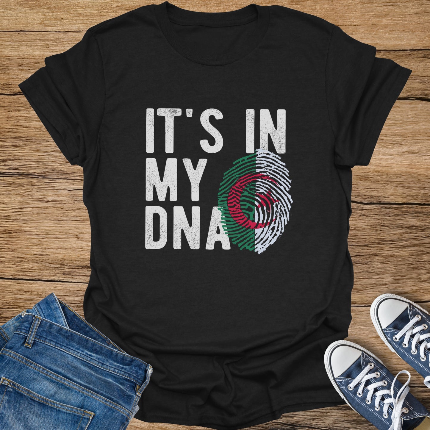 Black t-shirt with "It's in my DNA" and Algerian flag fingerprint.
