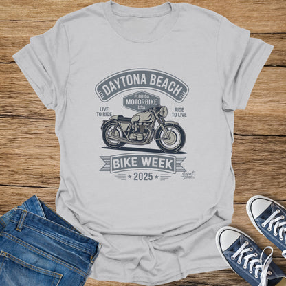 Daytona Beach Florida Motorbike USA Bike Week 2025 t-shirt with motorcycle graphic.