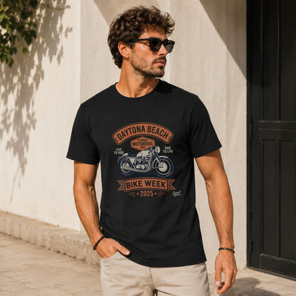 Black t-shirt with Daytona Beach Bike Week 2025 motorcycle graphic.