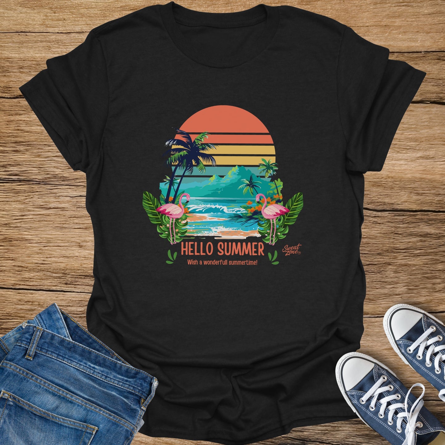 Black t-shirt with "Hello Summer" design featuring flamingos and a tropical beach sunset.