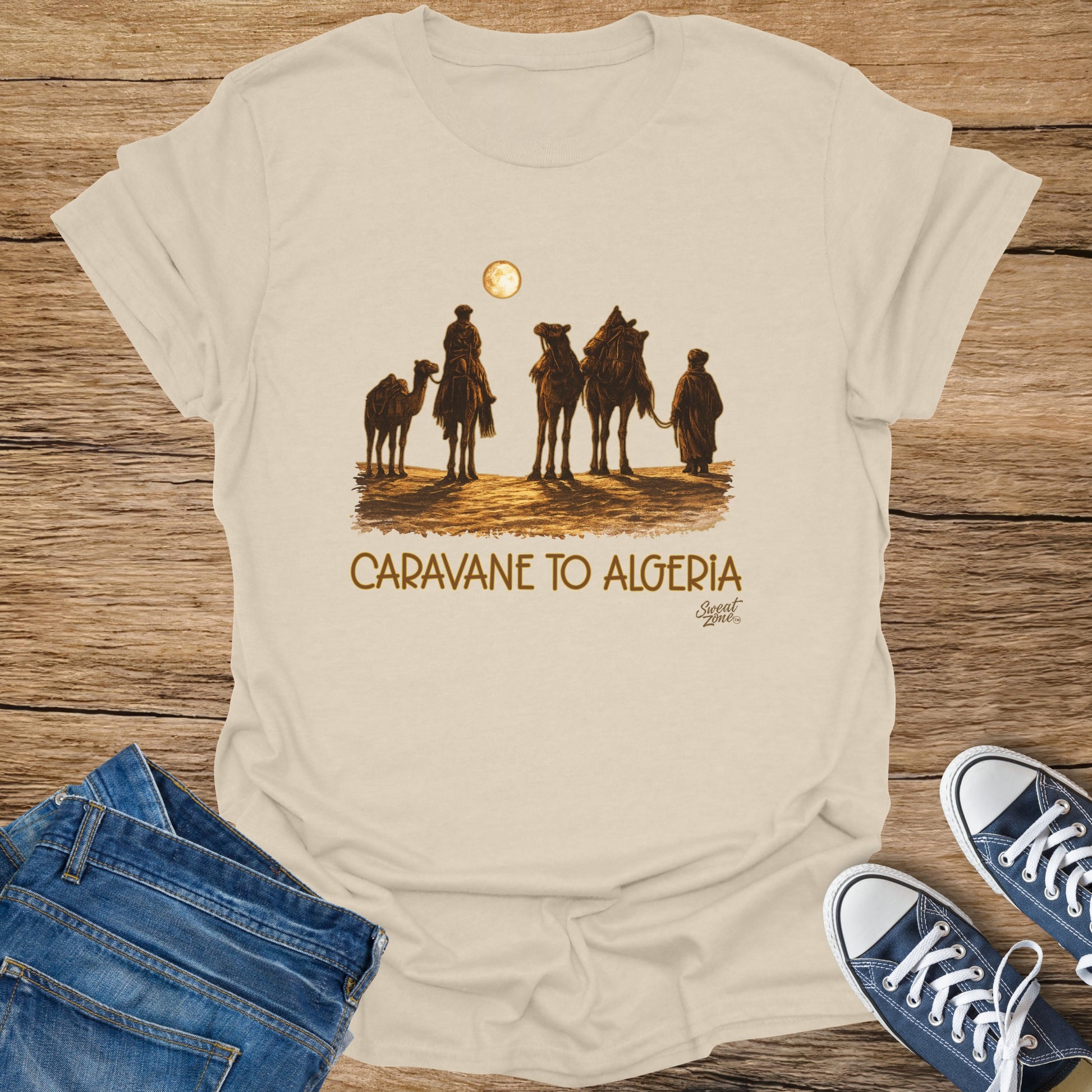 Caravane to Algeria text with camel caravan and moon illustration on t-shirt.
