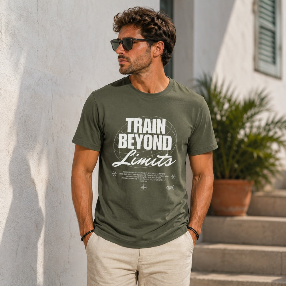 Olive green t-shirt with "TRAIN BEYOND Limits" graphic and text.