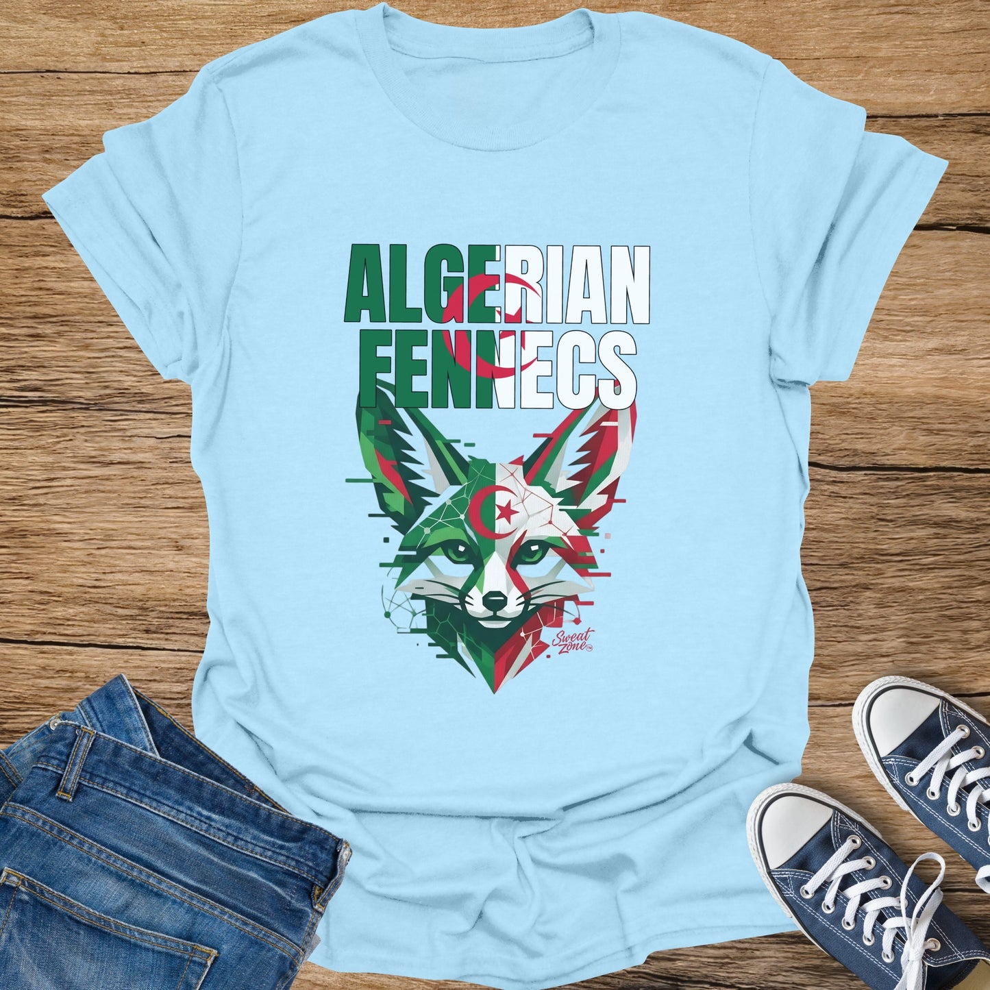 Light blue t-shirt with Algerian flag-themed fennec fox graphic and text.