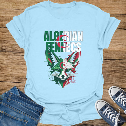 Light blue t-shirt with Algerian flag-themed fennec fox graphic and text.