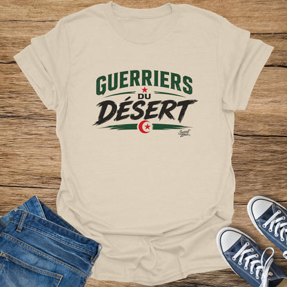 Cream t-shirt with "Guerriers du Désert" text and Algerian flag.