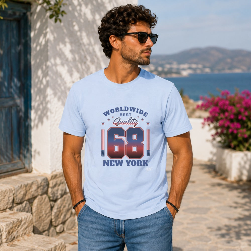 Light blue t-shirt with "Worldwide Best Quality 68 New York" graphic.