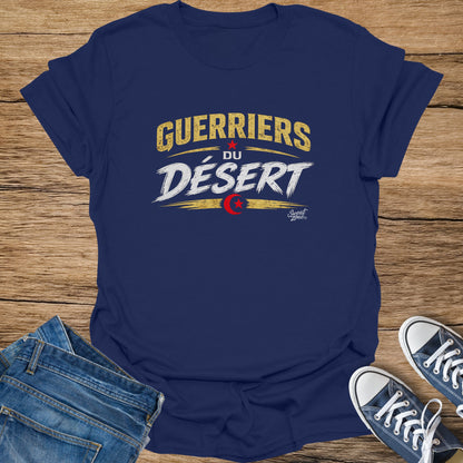 Navy t-shirt with "GUERRIERS DU DÉSERT" text and Algerian flag emblem.