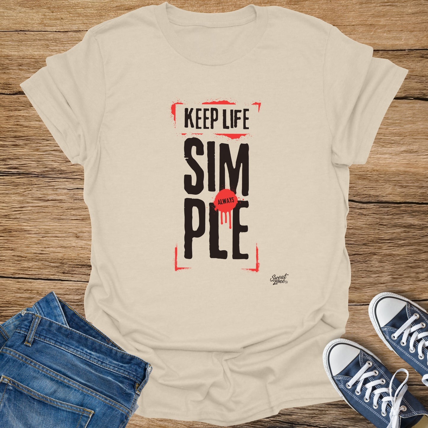 Mens cream t-shirt with "KEEP LIFE SIMPLE ALWAYS" text graphic.