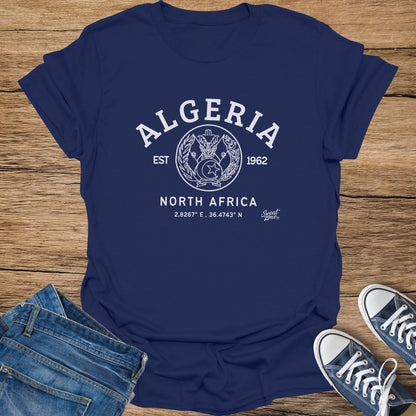 Navy t-shirt with "ALGERIA EST 1962 NORTH AFRICA" and coordinates.