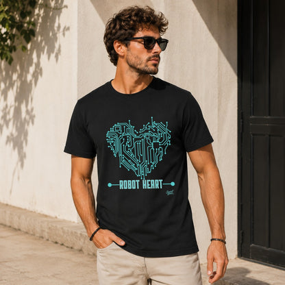 Black t-shirt with turquoise circuit board heart and "ROBOT HEART" text.