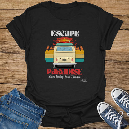 Black t-shirt with "ESCAPE PARADISE" and van graphic.