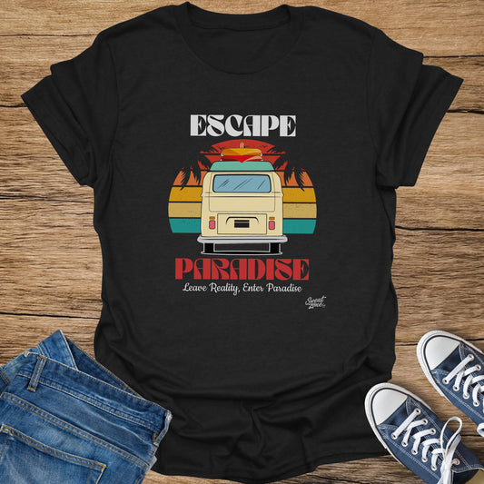 Black t-shirt with "ESCAPE PARADISE" and van graphic.