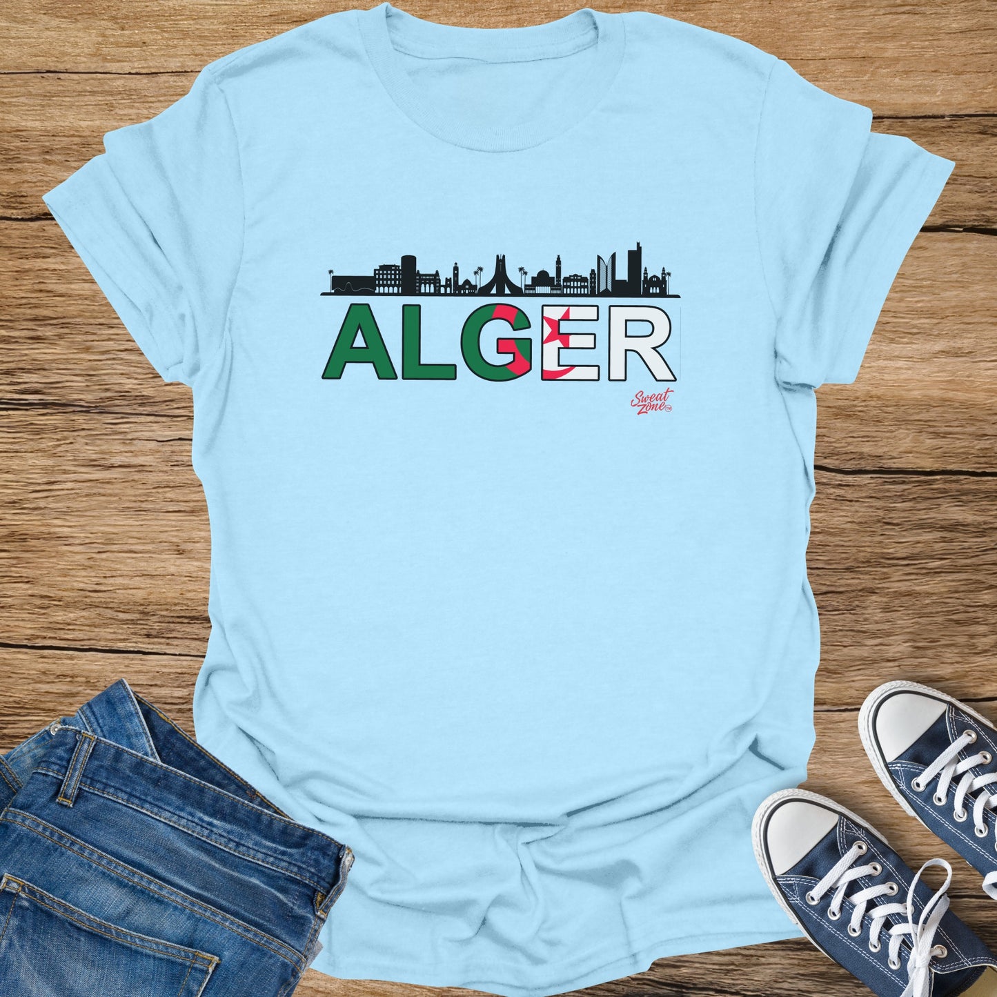 Light blue t-shirt with "ALGER" text and Algerian flag design.