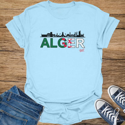 Light blue t-shirt with "ALGER" text and Algerian flag design.