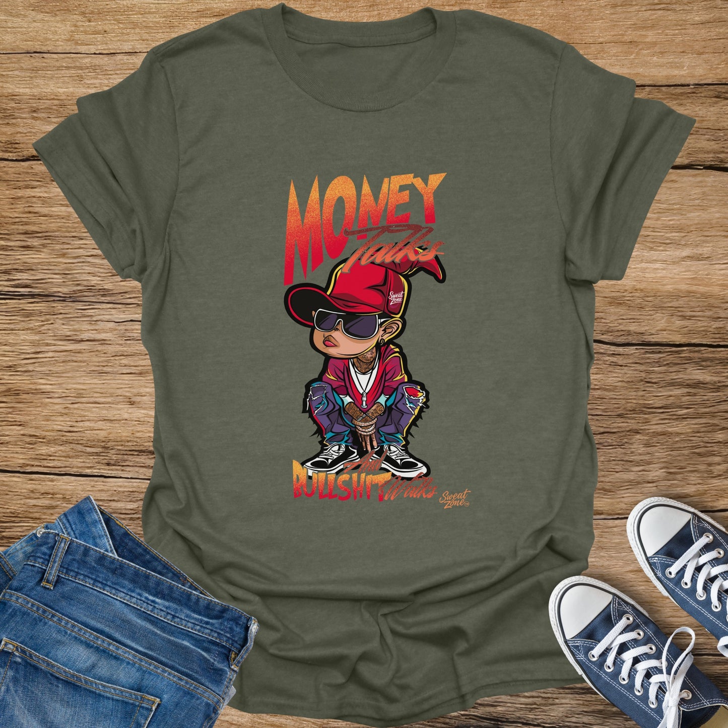 T-shirt with cartoon character that says "MONEY TALKS BULLSHIT WALKS".