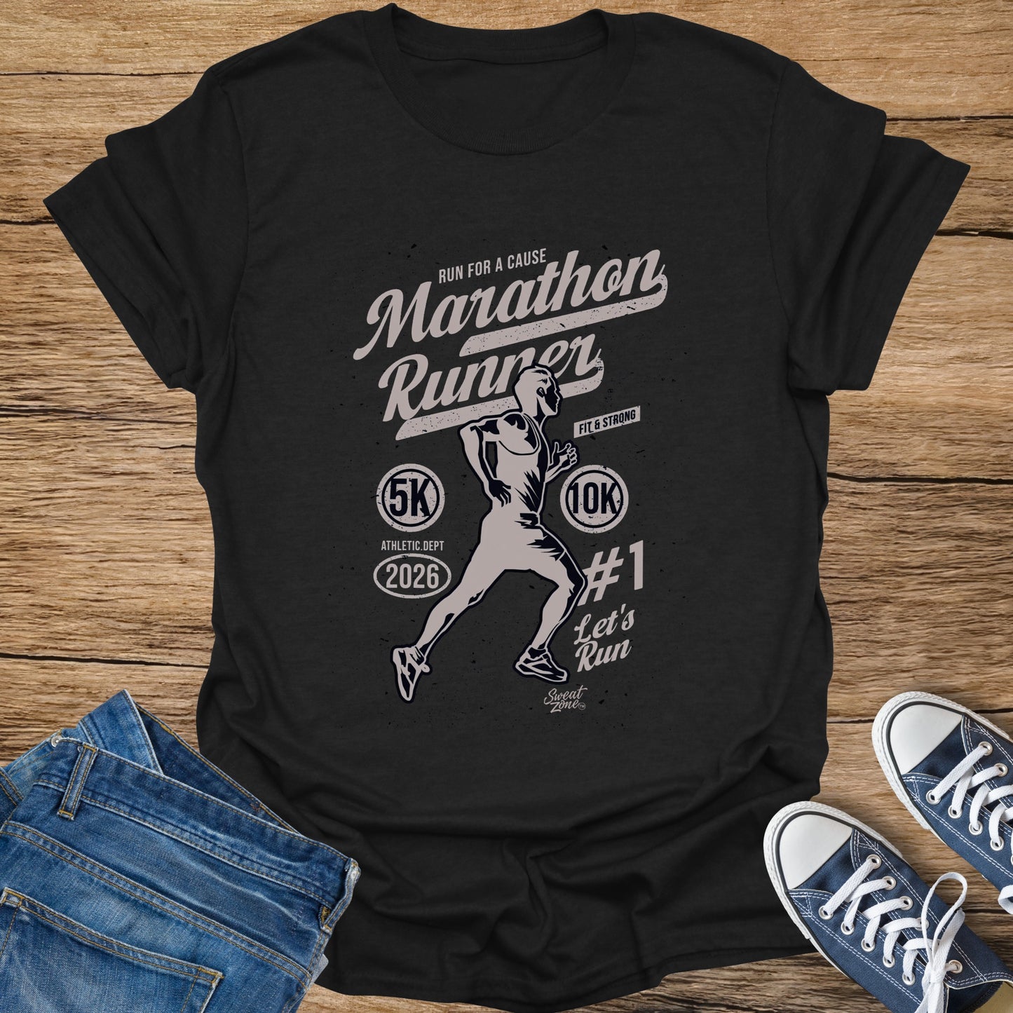 Black t-shirt with "Marathon Runner" graphic, runner, 5K, 10K, and 2026.