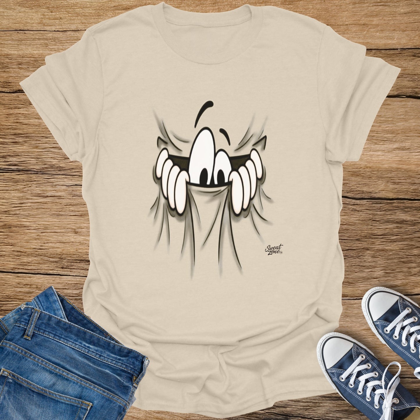 T-shirt with a cartoon ghost face graphic and "Sweat Zone" logo.
