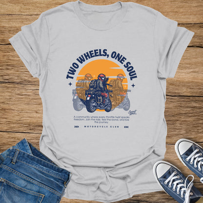 Grey t-shirt with "Two Wheels, One Soul" and motorcycle club graphic.
