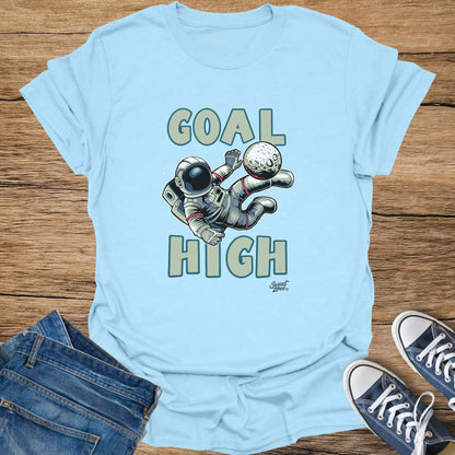 Astronaut kicking a moon with text "Goal High" and "Sweat Zone" logo.