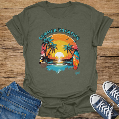 Green t-shirt with "Summer Vacation" text and tropical beach sunset graphic.