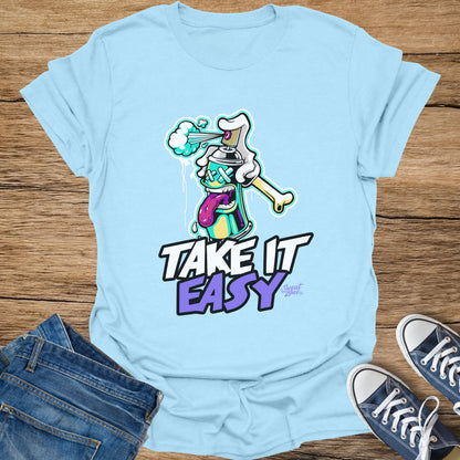 Light blue t-shirt with cartoon spray can and "TAKE IT EASY" text.
