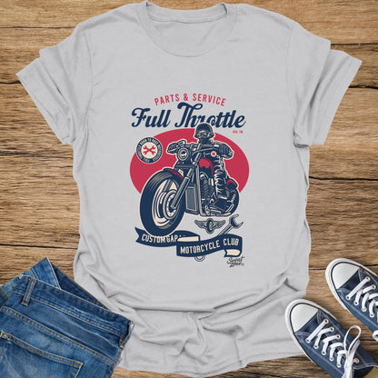 Graphic t-shirt with "Full Throttle Motorcycle Club" and motorcycle illustration.