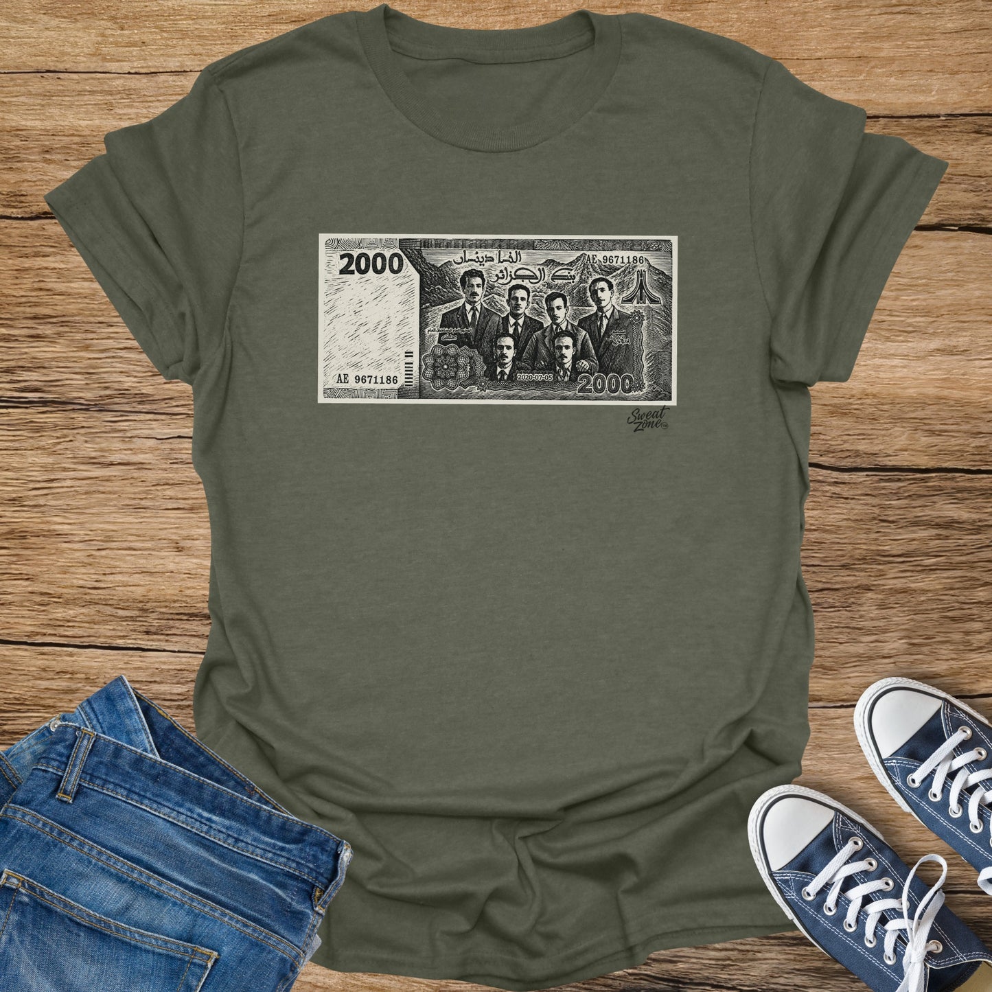 Algerian 2000 Dinar banknote with five men and landscape on olive green t-shirt.