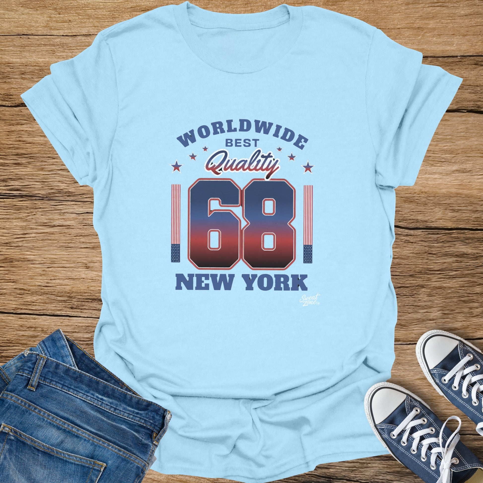 Light blue t-shirt with "Worldwide Best Quality 68 New York" graphic.