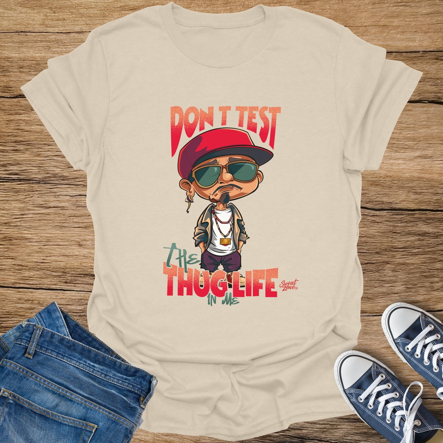 T-shirt with cartoon character and "Don't Test Thug Life In Me" text.