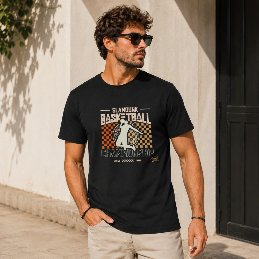 Black t-shirt with "Slam Dunk Basketball Championship" graphic.