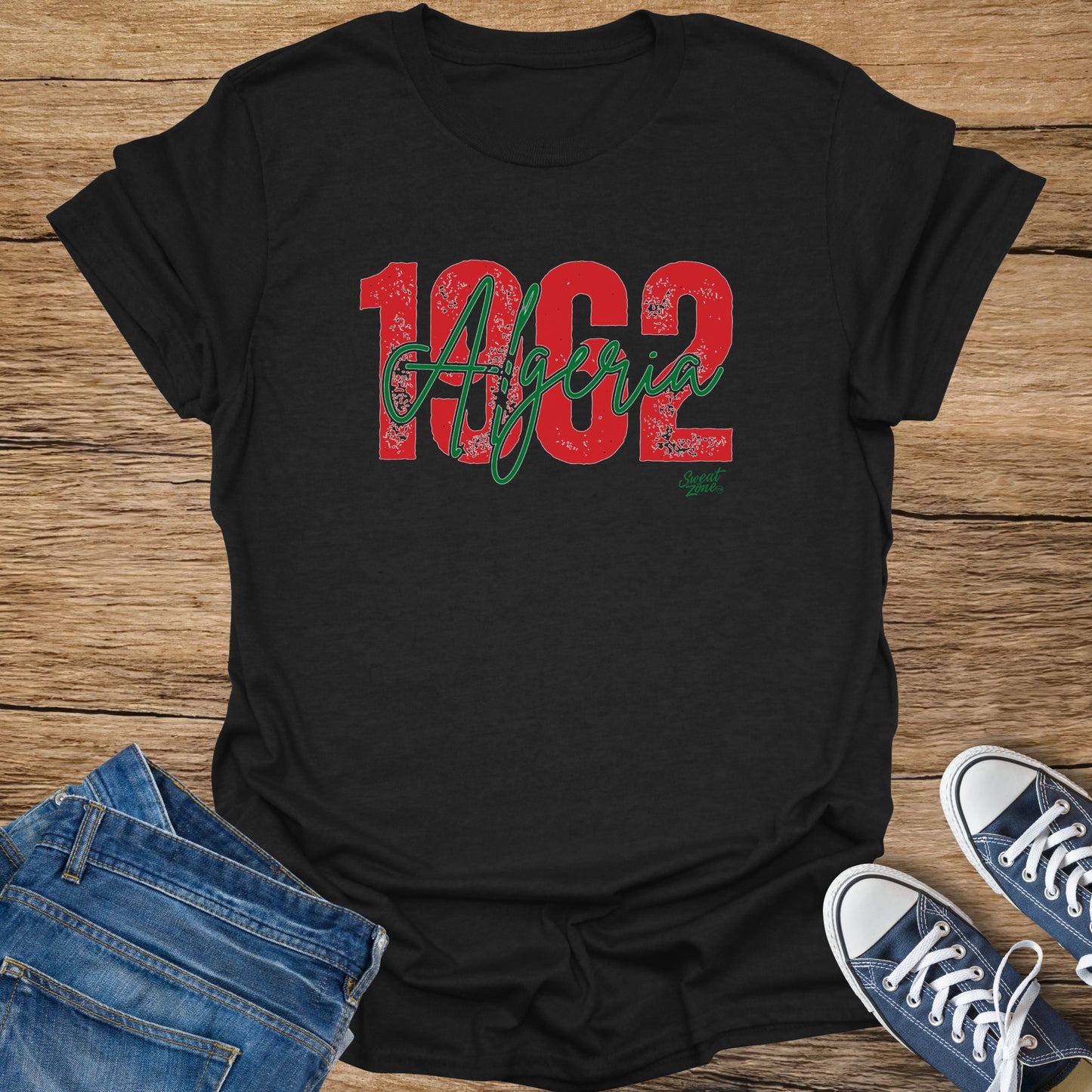 Black t-shirt with red and green "1962 Algeria" graphic and "Sweat Zone" logo.