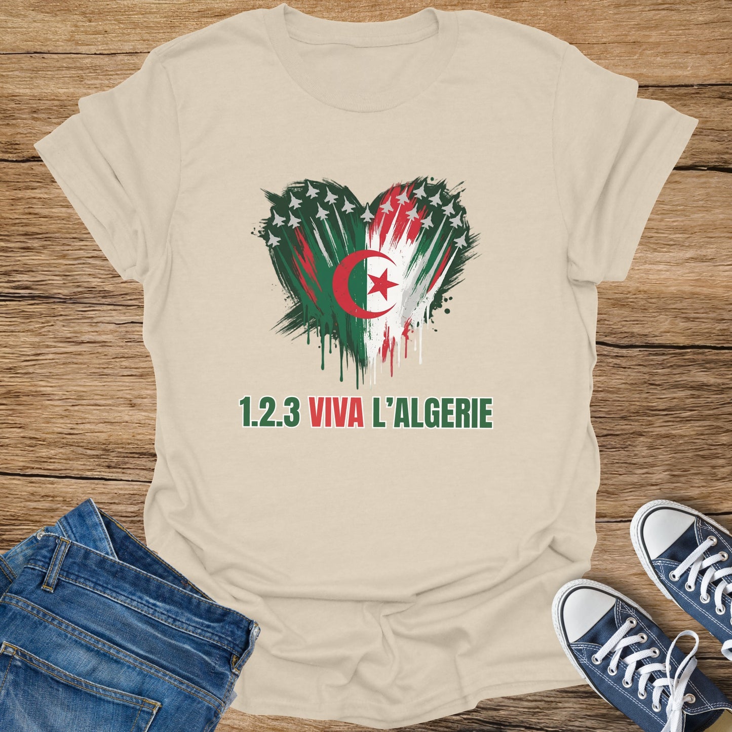 Beige t-shirt with heart symbol and "1.2.3 VIVA L'ALGERIE" text.