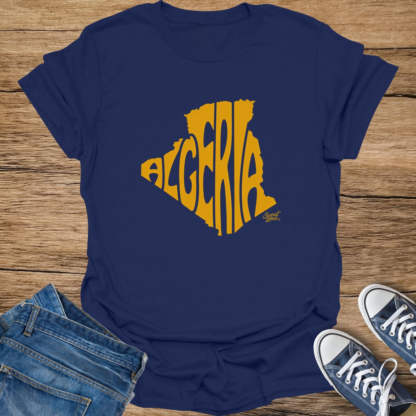 Navy t-shirt with yellow "Algeria" text in the shape of the country.