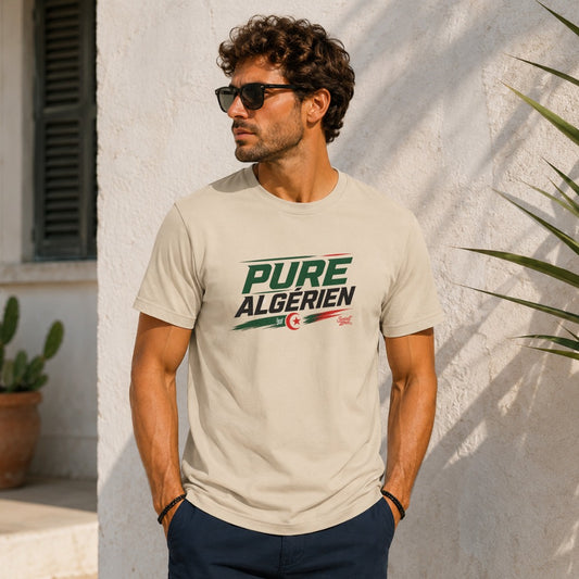 Man wearing a beige t-shirt with "Pure Algérien" text and Algerian flag colors.