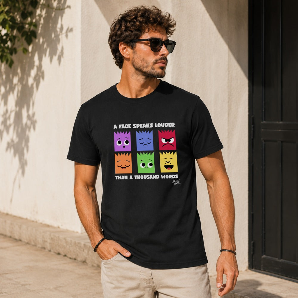 Black t-shirt with "A face speaks louder than a thousand words" and six emoji faces.