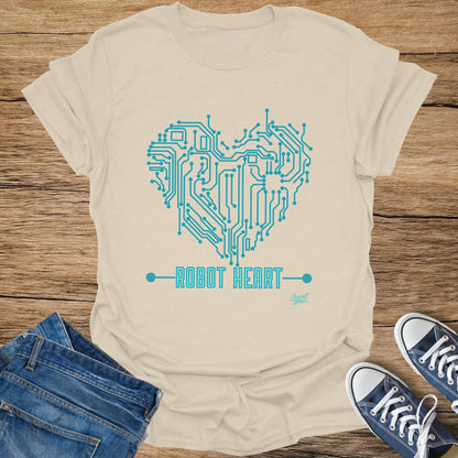 Light tan t-shirt with a blue circuit board heart design and "Robot Heart" text.