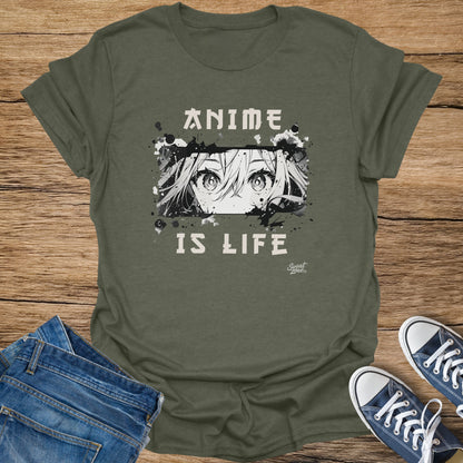 Olive green t-shirt graphic with anime eyes and text "ANIME IS LIFE."