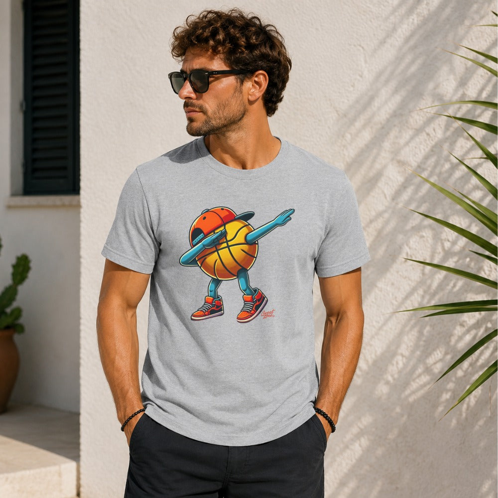 Grey t-shirt with a cartoon basketball dabbing with a hat and sneakers.
