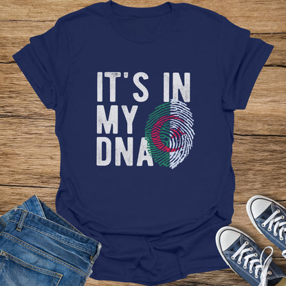 Navy t-shirt with "IT'S IN MY DNA" and Algerian flag fingerprint graphic.