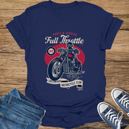 Navy t-shirt with "Full Throttle Motorcycle Club" and a motorcycle rider graphic.