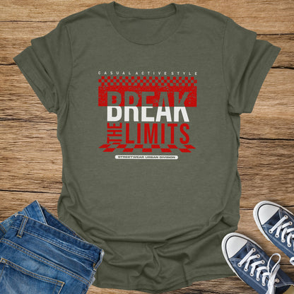 Olive green t-shirt with "BREAKTHELIMITS STREETWEAR URBAN DIVISION" graphic.