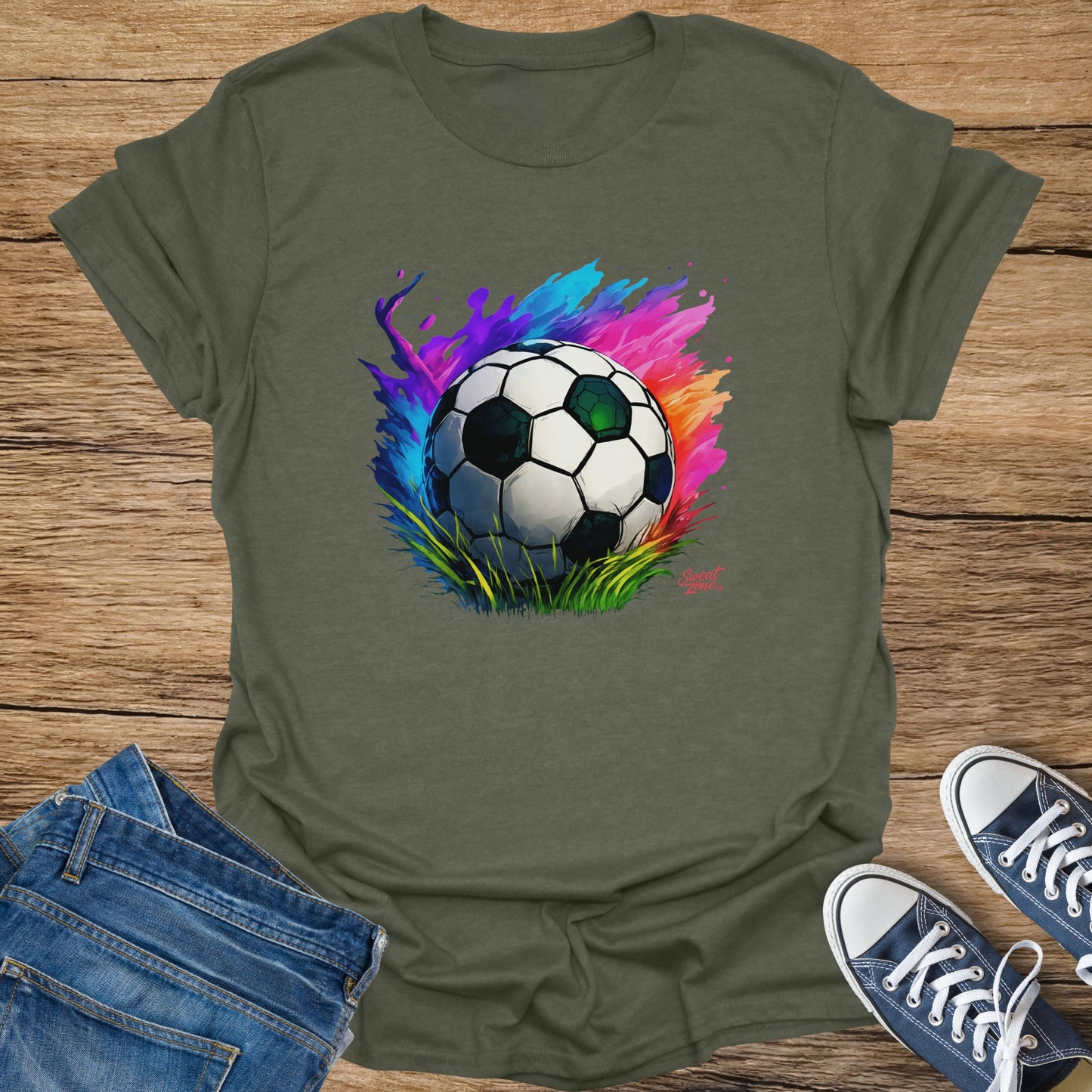 Soccer ball with colorful paint splash and grass graphic on olive green t-shirt.