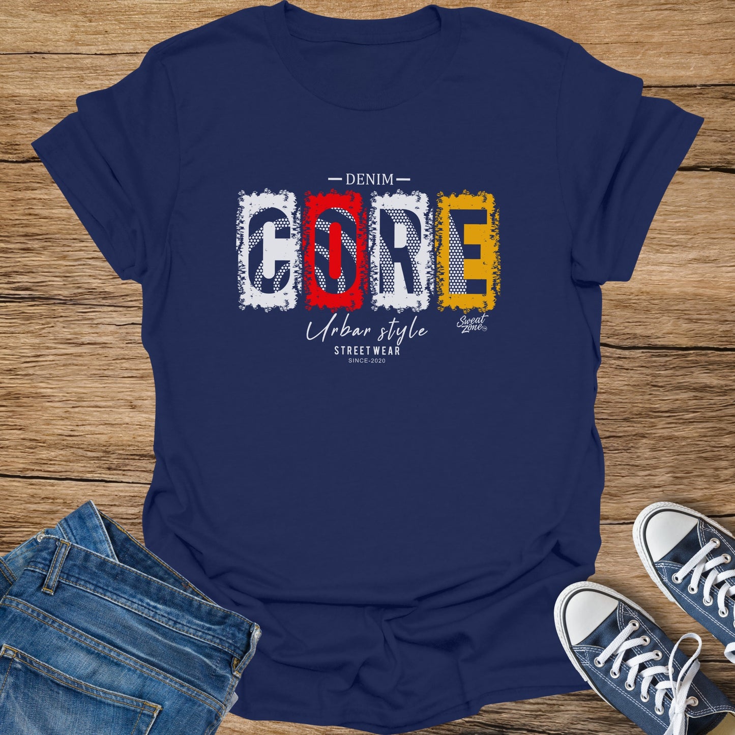 Navy t-shirt with "DENIM CORE" in distressed block letters.