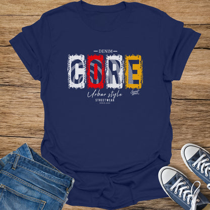Navy t-shirt with "DENIM CORE" in distressed block letters.