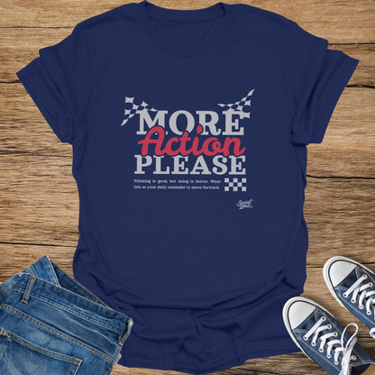 Navy blue t-shirt with "MORE Action PLEASE" text and racing flags.