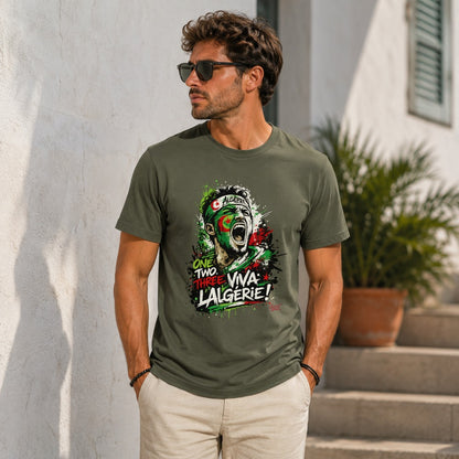 Man wearing olive green t-shirt with "ONE TWO THREE VIVA L'ALGERIE!" graphic.