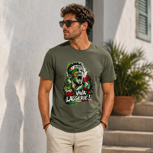 Man wearing olive green t-shirt with "ONE TWO THREE VIVA L'ALGERIE!" graphic.