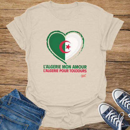 Light beige t-shirt with Algerian flag heart graphic and French text.